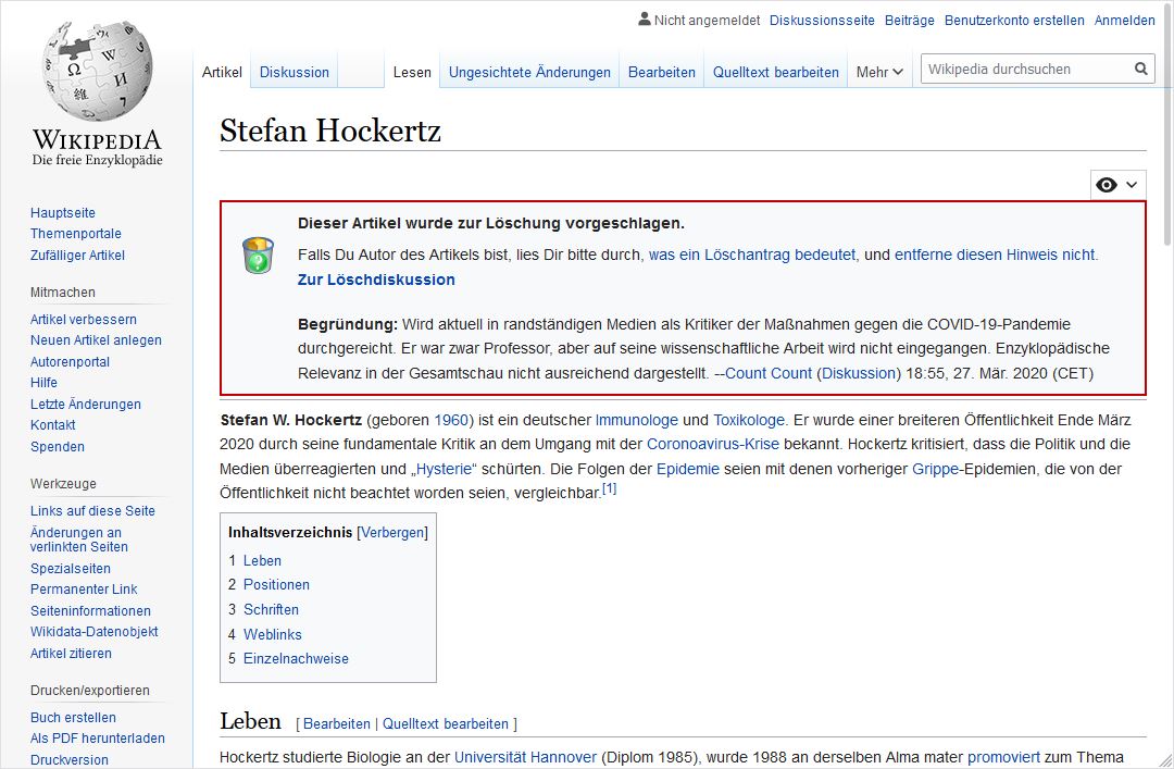 Screenshot des Wikipedia-Eintrags über Professor Stefan Hockertz vom 01.04.2020
